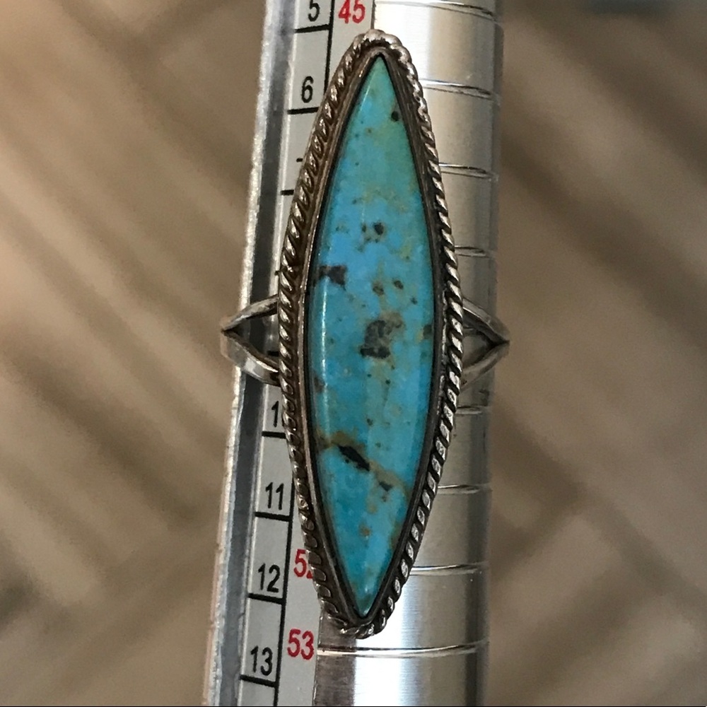 π»7xHP!π» Vintage Silver Turquoise Ring Sz 5 - Picture 2 of 7